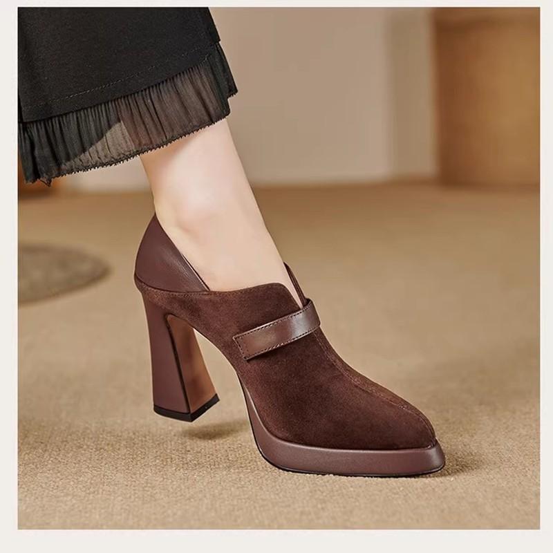 

10Cm high heels women s pointed head deep mouth single shoes spring 2025 new soft leather thick heel waterproof table v-mouth shoes 39