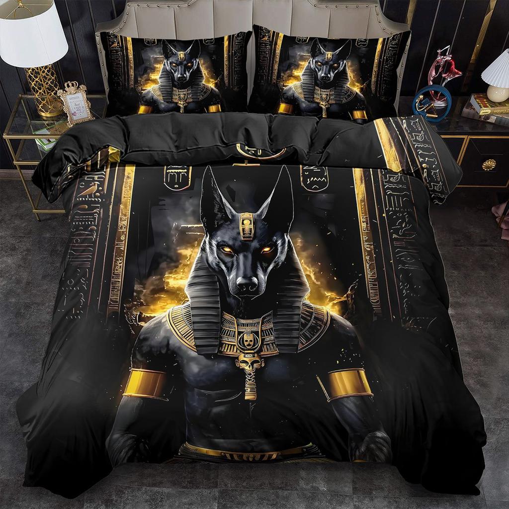2/3Pcs Egyptian Anubis God Print Duvet Cover Set, 2D Flat Printing King Queen Size Polyester Bedding with Pillowcases