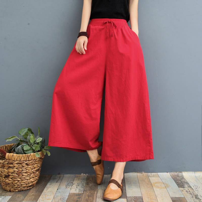 Damen Sommer Dünnschliff Baumwolle Leinen Rock Hose Reine Farbe Locker Drapiert Lässig Acht Punkte Hose 2XL red