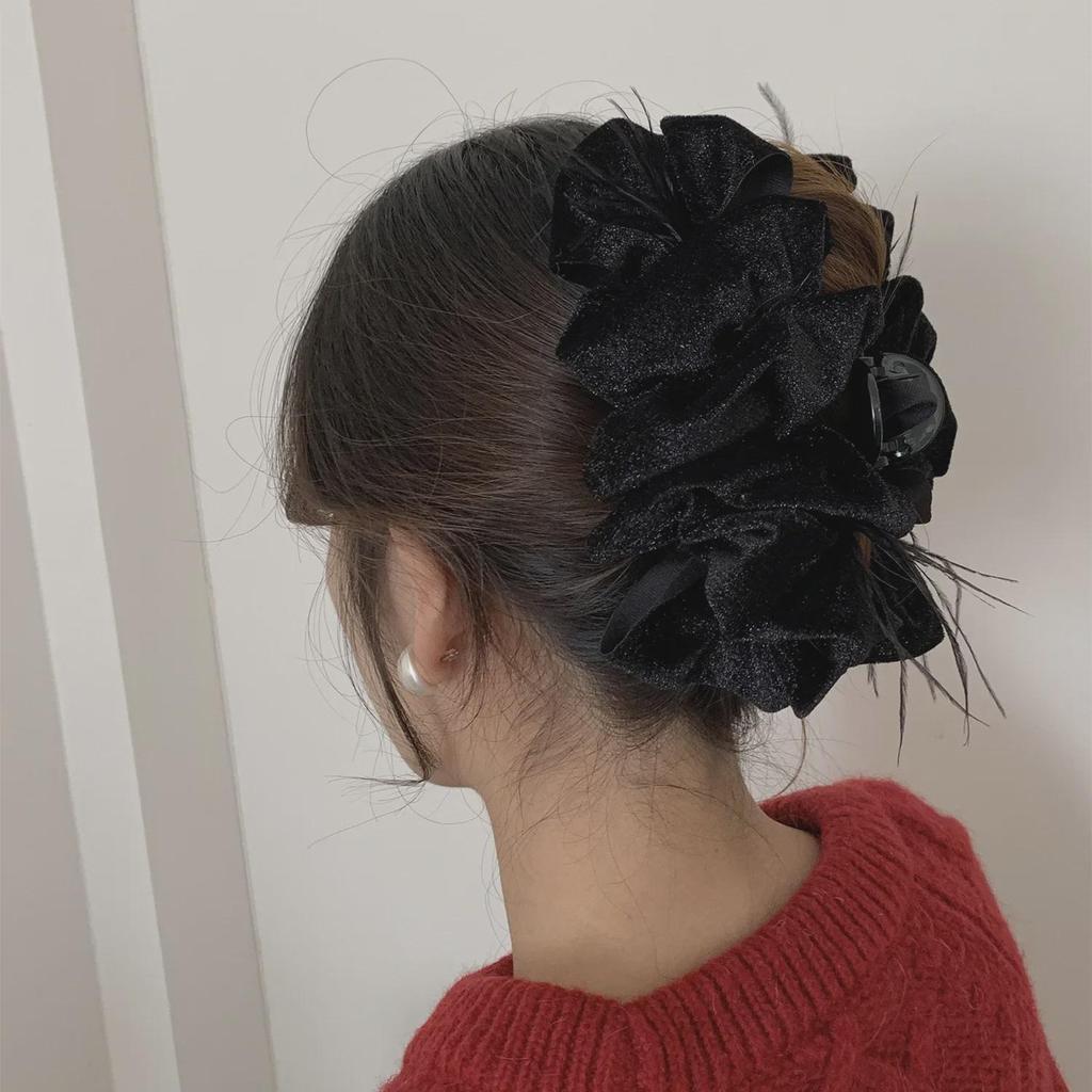 Korean Multi-Layer Flannel Bow Hairpin with Feather Clip - Large Shark Clip Hair Accessory for Women