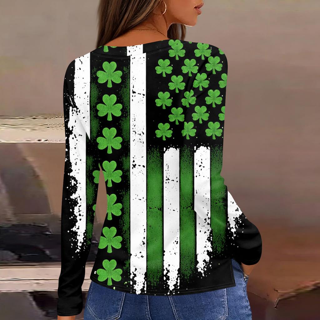 Damenmode Lässig Schlitz Saum Rundhals Langarm Lose Bedrucktes T-Shirt Damen Top