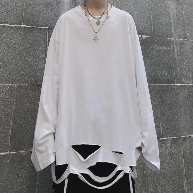 Unisex Loose Fit Long Sleeve T-Shirt with Distressed Hem and Solid Color