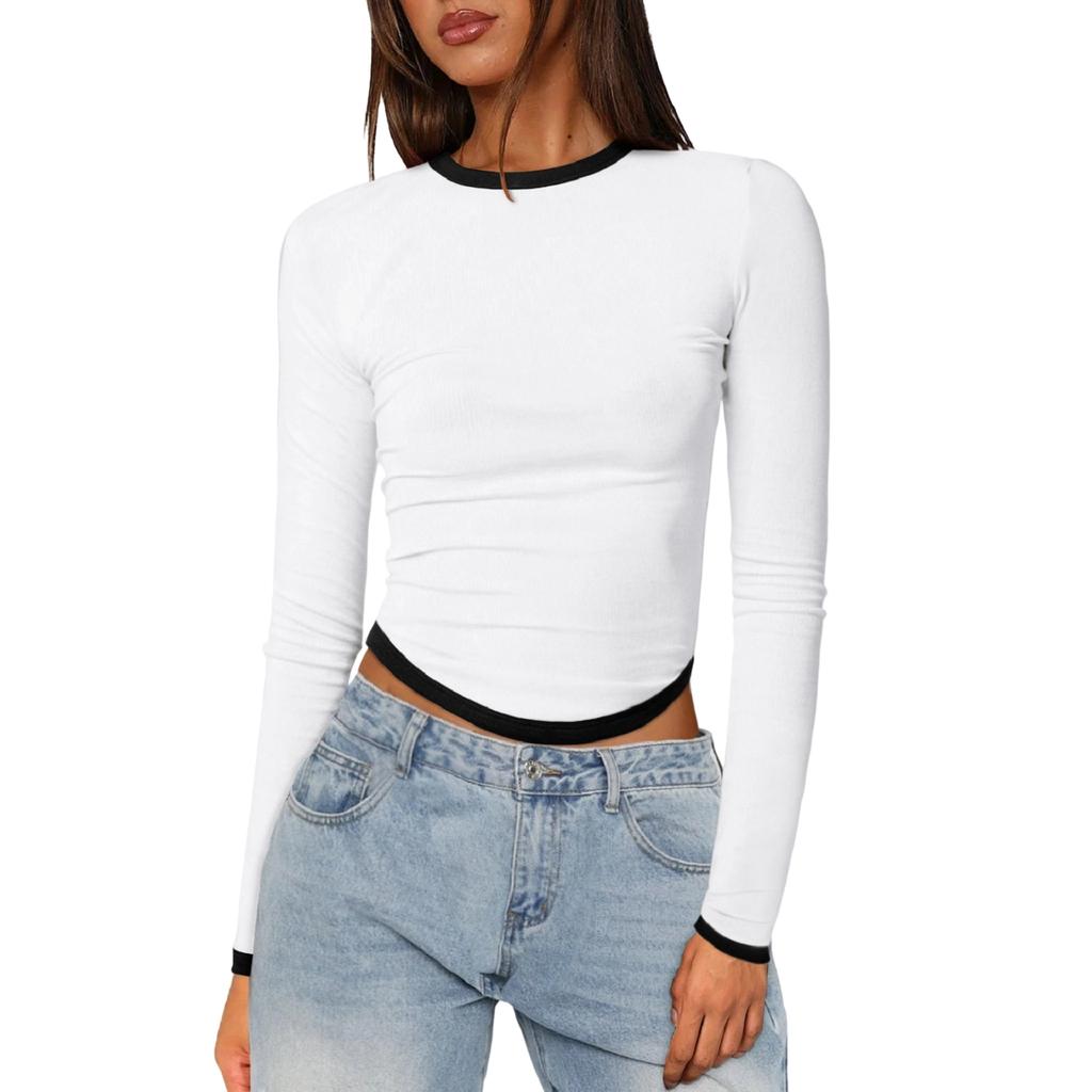 Women's Long-Sleeve Slim-Fit Color Block Crop Base Layer Top