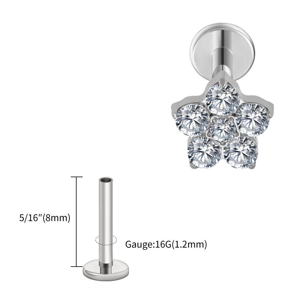 Right Grand ASTM F136 Titanium 5 CZ Flower Lip Labret Monroe Stud 16G Floral Cartilage Helix Earring Flat Back Piercing Jewelry