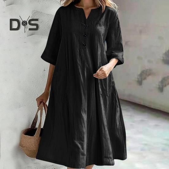 Summer Spring Dress with Pockets Buttoned V Neck Pleated Loose A-line Hem Half Sleeves Solid Color Midi Dress for Daily Wear Party Dating
