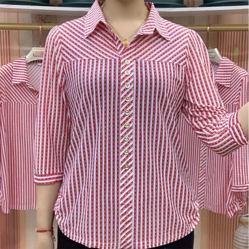 

Полосатая рубашка, женская универсальная рубашка для матери среднего возраста, закрывающая живот и демонстрирующая тонкий топ с рукавами три четверти, большой размер L красный
