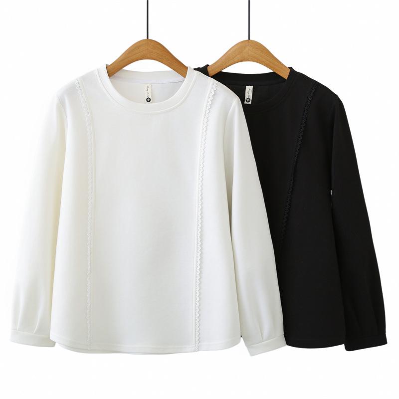 Plus Size 2026 Spring Lace Long Sleeve Round Neck T-shirt - Women's Versatile Mamba Cotton Top 805