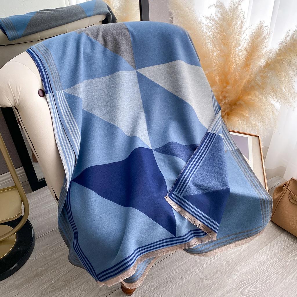 Winter Blanket Scarf Shawl For Women Warm Pashmina Geometric Color Blocks Print Wrap Imitation Cashmere Foulard Scraves