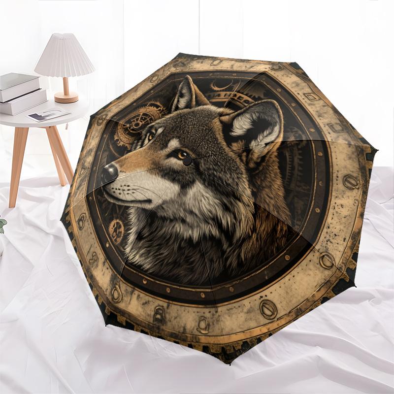 Gear Wolf pattern, automatic folding umbrella, portable and foldable design, 8 ribs, a Christmas or birthday gift.