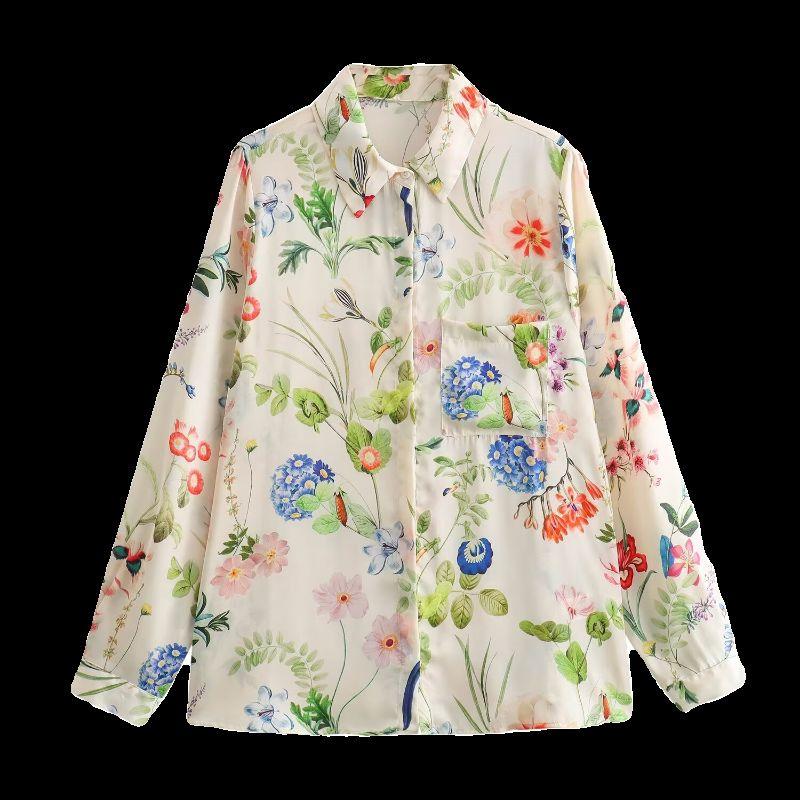Jnleaog New Arrival Women's Clothing Fashion Style French Style Casual Fashion Personalized Minority Florals Print Satin Shirt