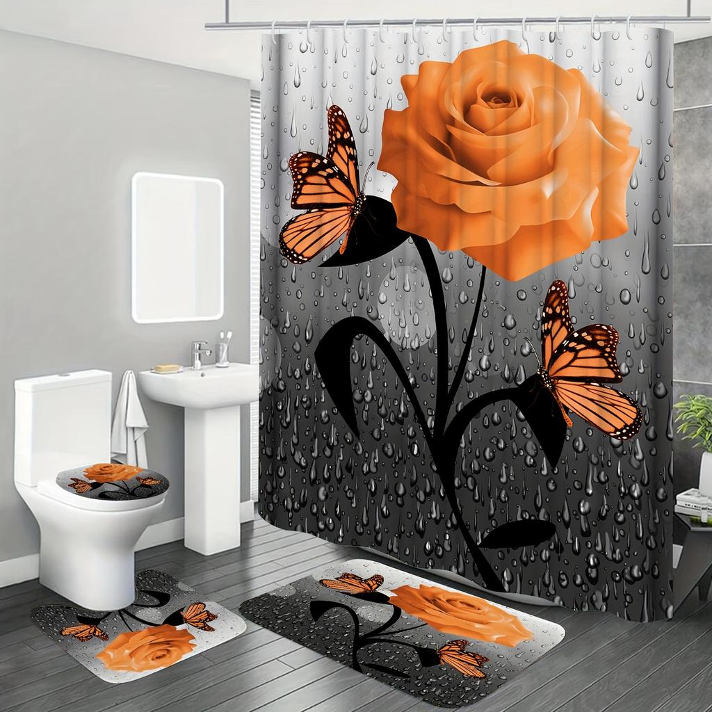 4pcss Orange Raining Roses Butterfly Shower Curtain 4pcs Set, Waterproof Fabric Shower Curtain, Toilet Cover Mat, Shower Mat, 12 Hooks, 71*71 Inch