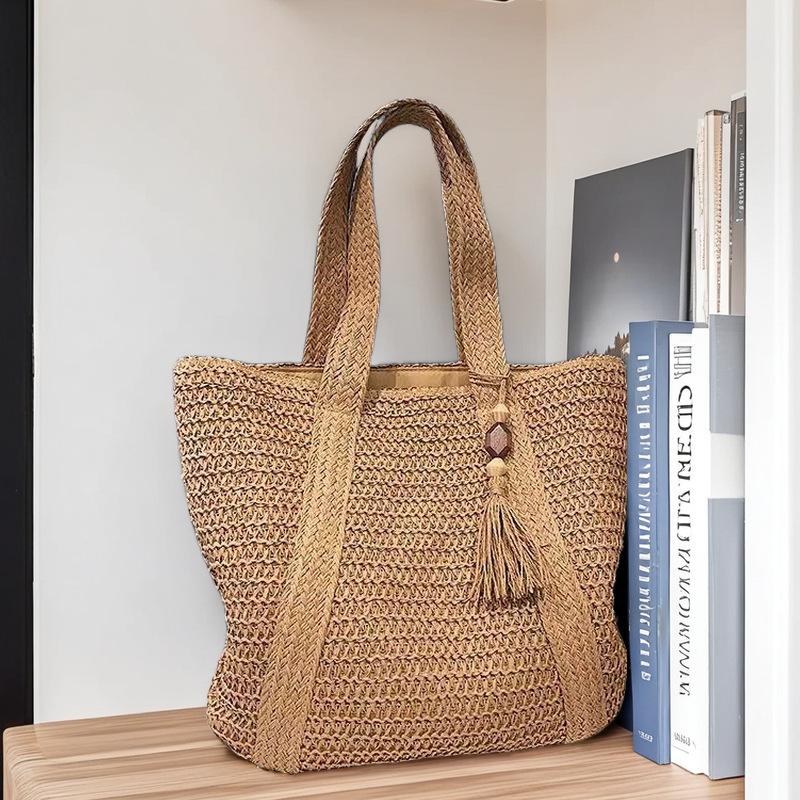 

Fashion Large Capacity Fringe Pendant Handmade Straw Handbag Women Holiday Beach Casual Tote Top-Handle Bags Retro Shoulder Bags кавовий