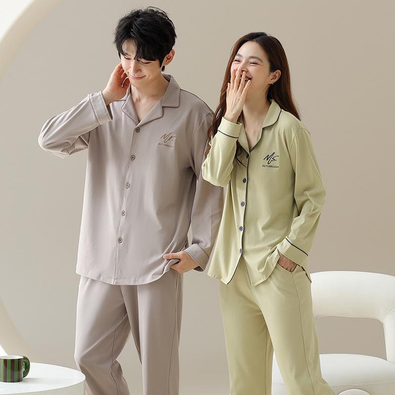 Couple's All-Cotton Long Sleeve Pajamas - Solid Color Cardigan Homewear for Men and Women, Ideal for Autumn and Winter.