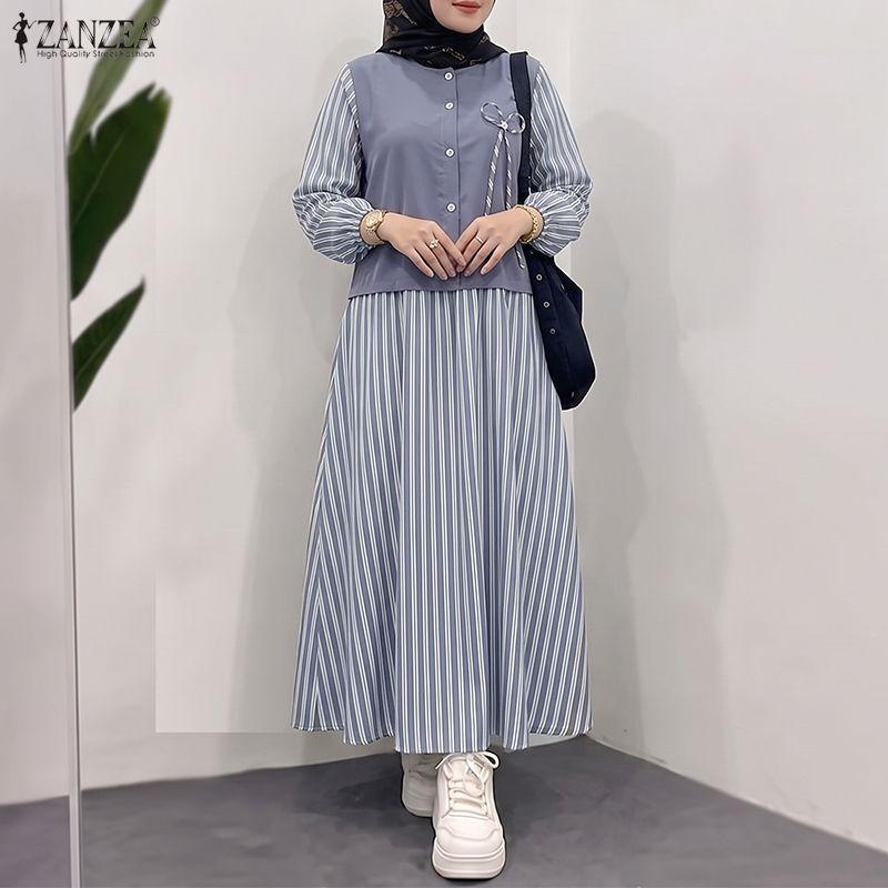 ZANZEA Women Casual Round Neck Long Sleeve Stripe Splice Loose Long Dress