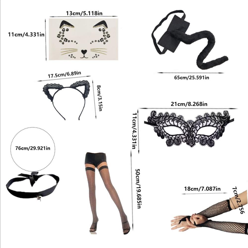 PESENAR Schwarzes Katzenkostüm für Damen, Halloween-Maskenballmaske, Spitzeohren, Handschuhe, Schwanz, Chokerkette