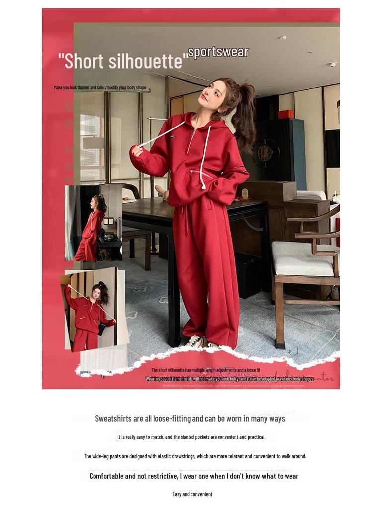 Women's Red Casual Sports Sweater & Wide-Leg Pants Set, 2024 Korean Style, Age-Reducing, Perfect for Spring/Autumn.