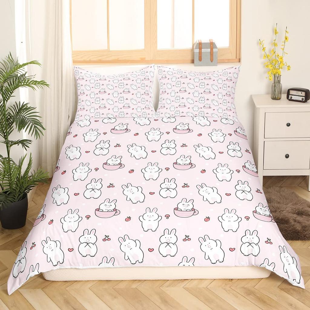 Rabbit Print Kids Girls King Queen Duvet Cover Cartoon Pink Little Bunny Comforter Cover Animal Floral Polyester Bedding Set