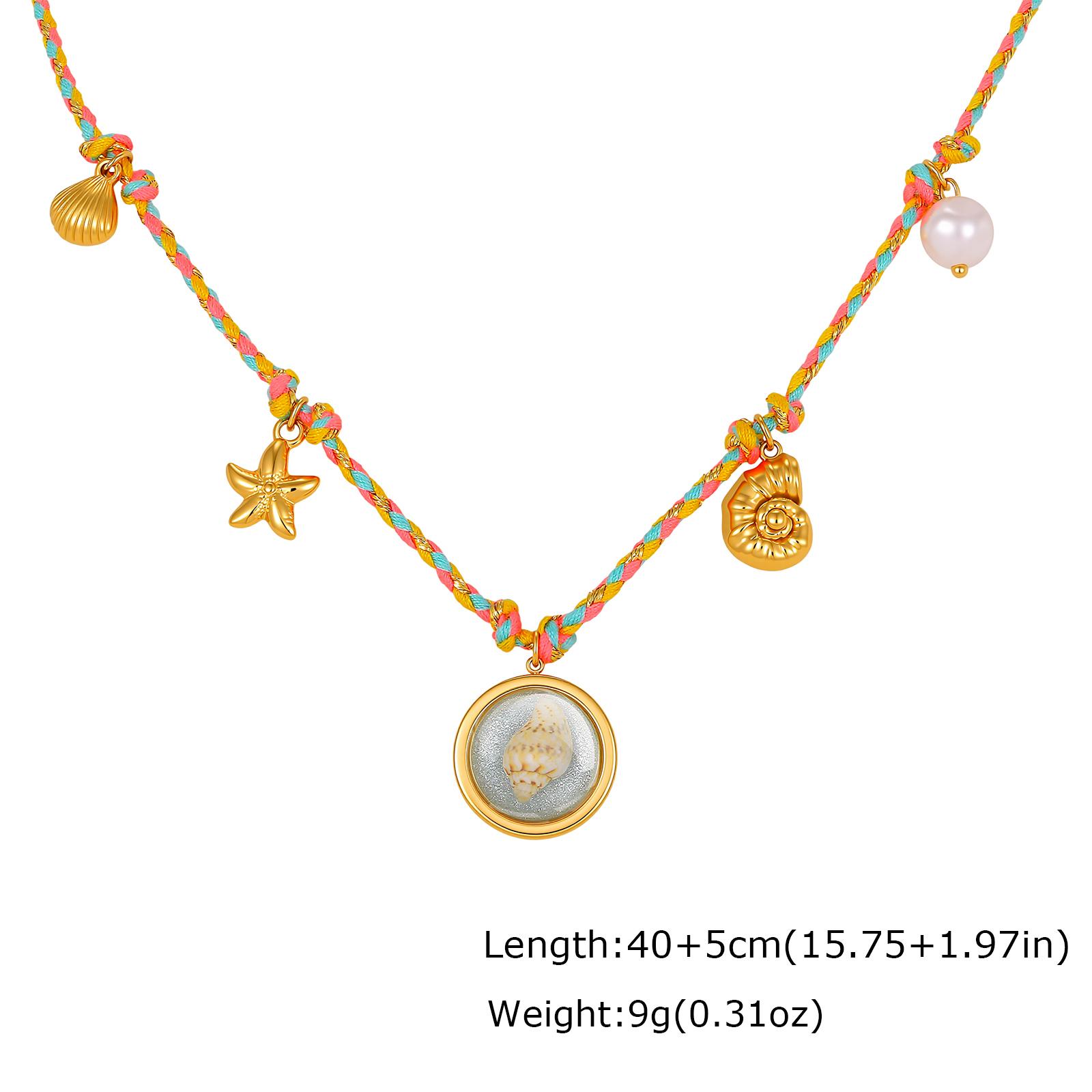 Ocean Shell Conch Starfish Pendant Necklace for Women, Colorful Woven Rope Handmade Necklace, Fashion Stainless Steel Jewelry