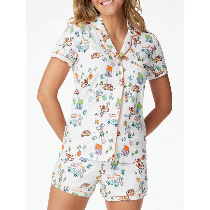 

Женский пижамный комплект из 2 предметов с принтом обезьяны, футболка с коротким рукавом и застежкой на пуговицы + шорты, домашняя одежда для сна, подходящие наряды L оранжевый