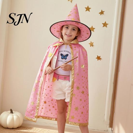 Mantello da Mago a Stelle per Bambini con Cappello per Ragazzi e Ragazze, Strega di Halloween Comodo Vestito Largo Costume di Scena Party Cosplay,