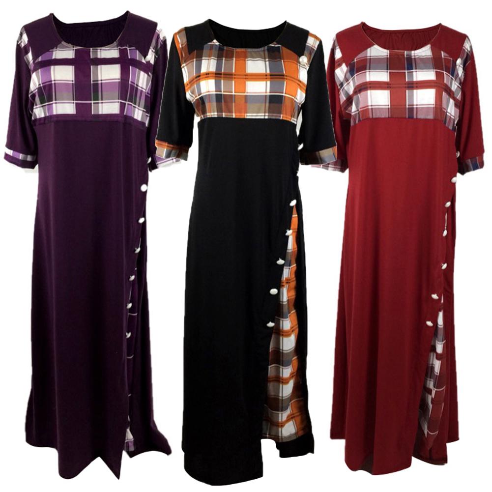 (S-5XL) Women Plus Size O Neck Half Sleeve Stitching Plaid Irregular Hem Buttons Decor Maxi Dress