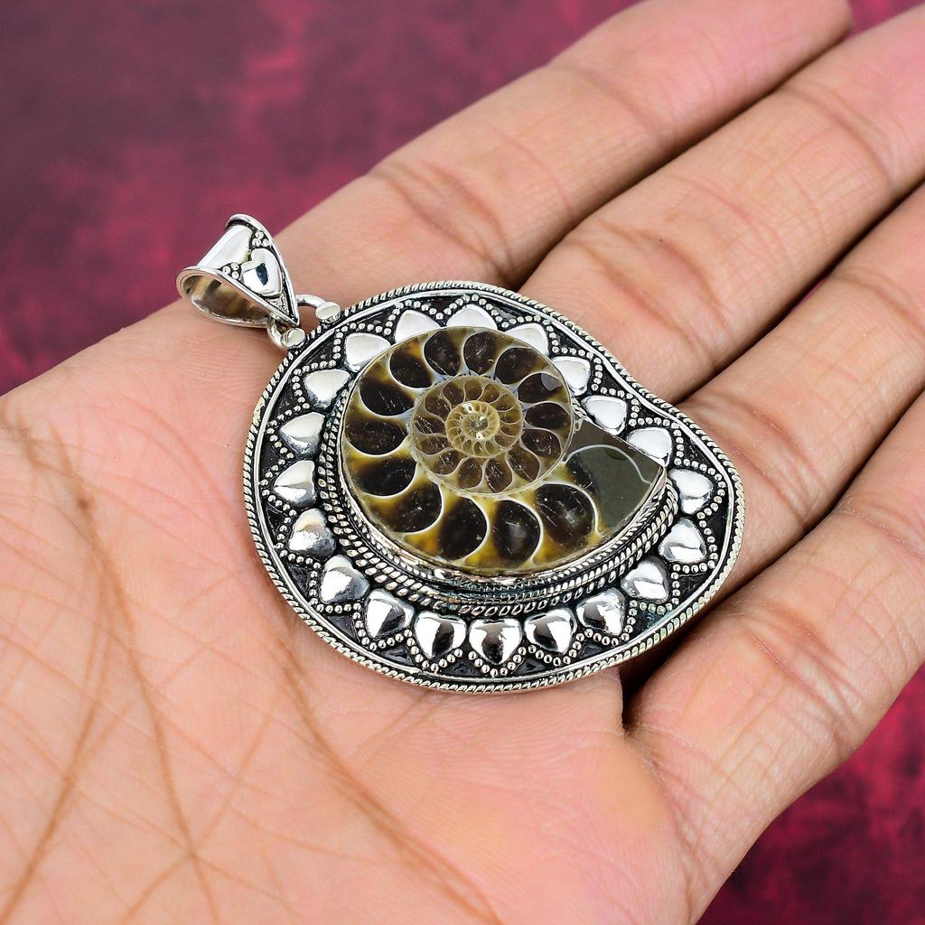 Ammonit Fossil 925 Sterling Silber Anhänger, handgefertigter Edelstein Schmuck Anhänger zum Gedenktag