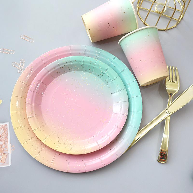 Disposable Rainbow Paper Plates and Cutlery Set for Parties and Dinner