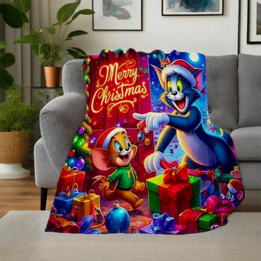 Tom & Jerry Christmas Poster PrintBlanket Flannel Throw Blanket for Sofa, Bed, Travel, Camping, Office