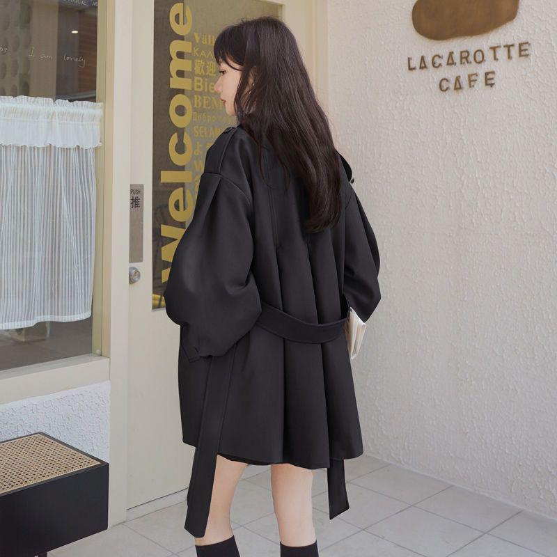 

Женский тренч цвета хаки с рукавами-фонариками - Свободный крой, корейский стиль для весны и осени 2025 Medium чёрный