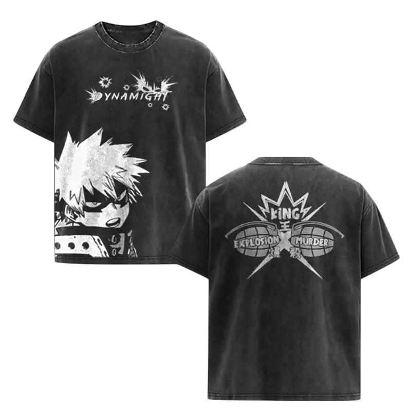 My Hero Academia Anime T-shirt for Men Clothing Bakugou Katsuki Graphic Short Sleeve Tee Tops Washed Oversized Cotton T Shirt S