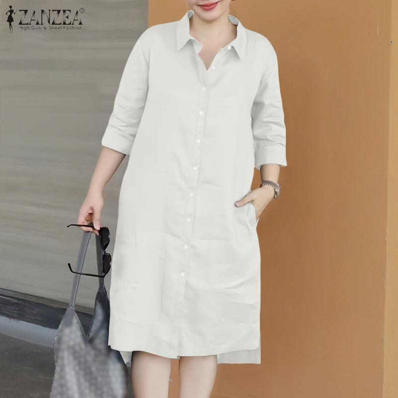 ZANZEA Vestido feminino casual gola virada para baixo manga 3/4 camisa solta