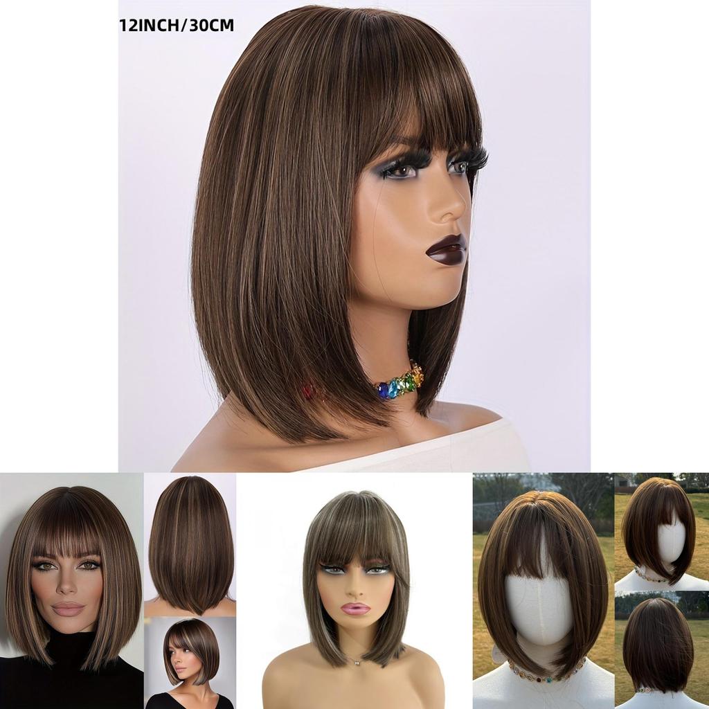 Short Straight Hair Wig With Bangs For Women Hightemperature Silk For Fashionable Ladies