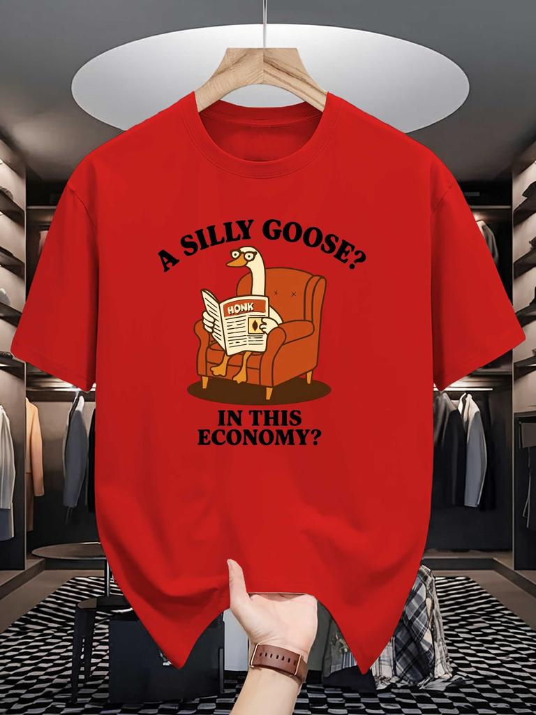 Unisex Cotton Tee Funny Silly Goose Cartoon Text Print Loose Breathable Summer Crew Neck Casual Street T Shirt Unisex Daily Wear