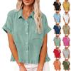 Women's Fashionable Loose-Fit Casual Shirt Button-Up Short-Sleeve Cotton-Linen Blend Top