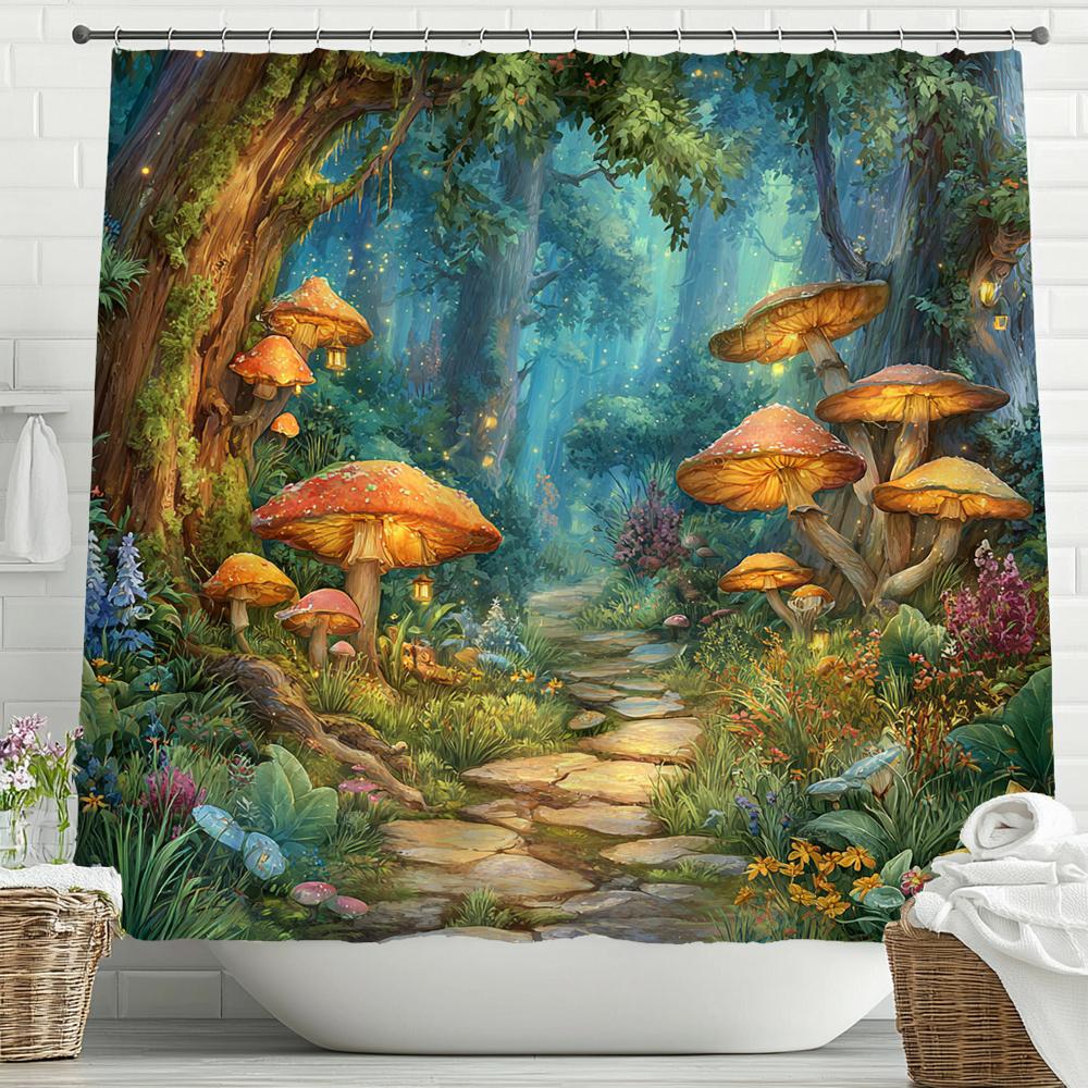 Fairy Tale Forest, Mushroom House Shower Curtain, Bathroom Decorative Shower Curtain, Waterproof Shower Curtain with Hooks