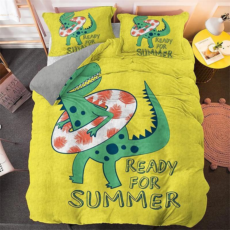 Cartoon Dinosaur Duvet Cover Dinosaur Theme Bedding Green Dinosaur Hello Bro Pattern Bedroom Decoration for Children Women Men