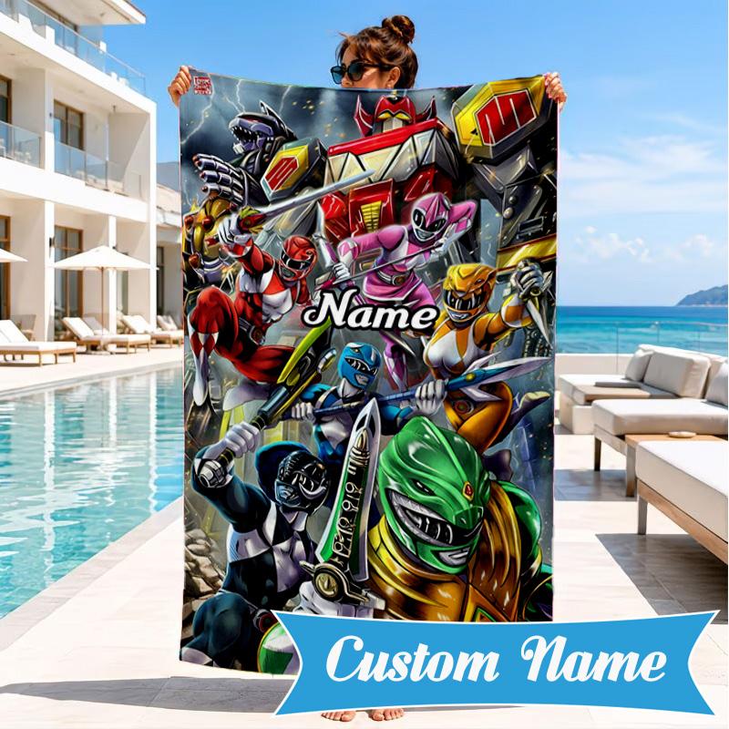 Custom Name Power Rangers City Adventure Beach Towel Microfiber Beach Towel, Lightweight and Quick-Dry, for Summer Travel, Swimming Pool Gift
