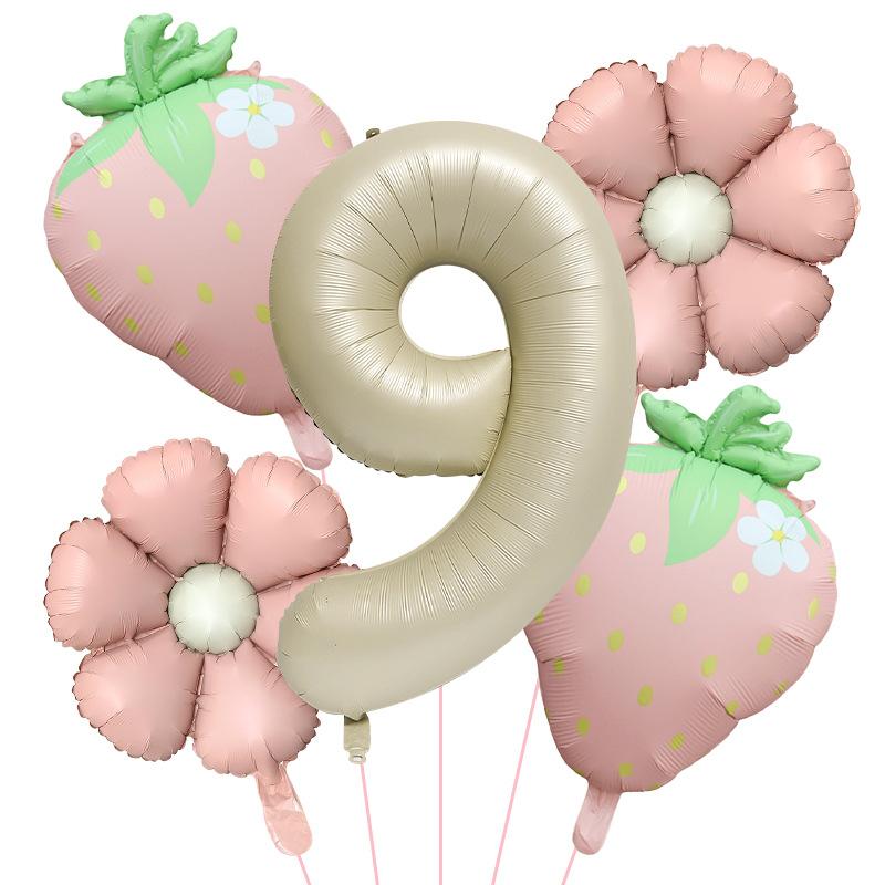 5Pcs Matte Milk White Fruit Strawberry Flower Foil Balloon with 32inch Number Balloon Berry First Birthday Summer Party Supplies