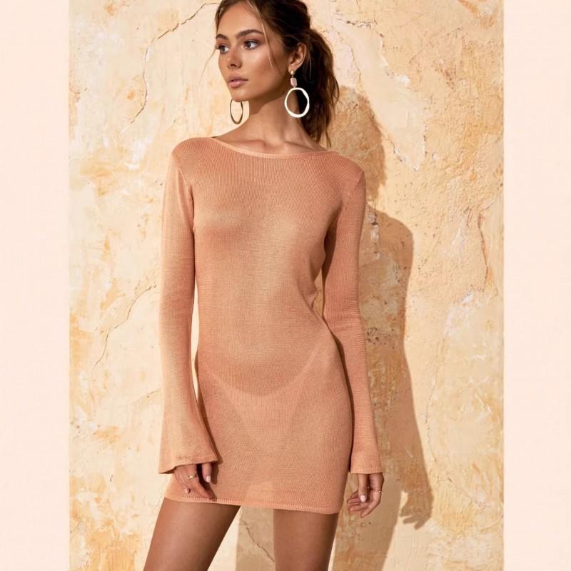 Backless Knit Midi Dress With Flared Sleeves Two-Way Wear Beach Women