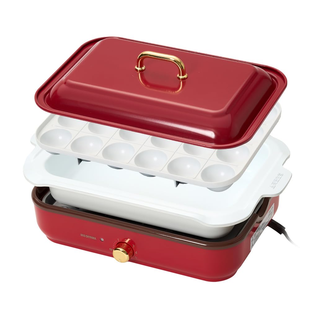 IRIS OHYAMA Hot Takoyaki Deep Easy To With Temperature Control Warranty Red Plate, Maker, Pot, 2-way, Clean, Stylish, Function, Included,