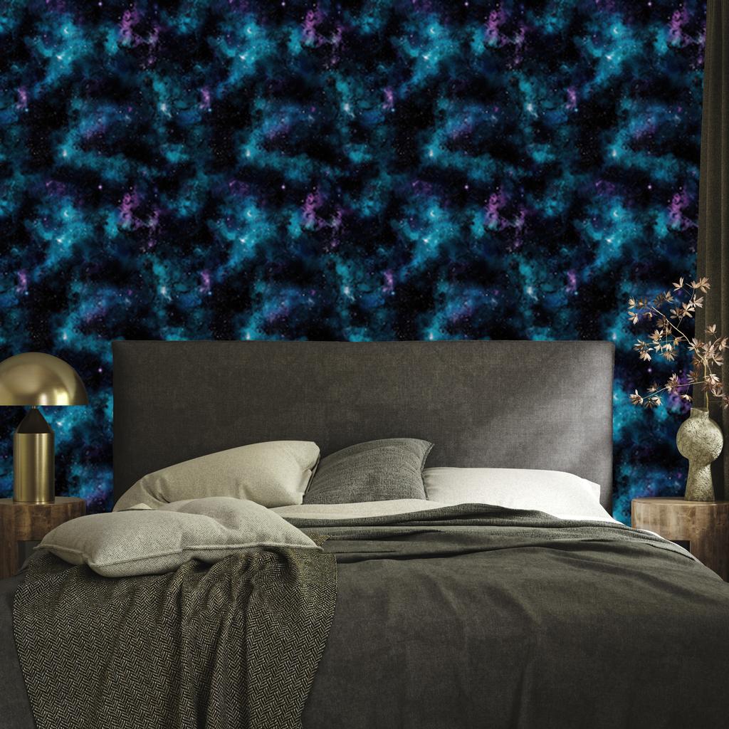 Watercolor Galaxy Wallpaper Navy Blue, Black and Turquoise 50x1000