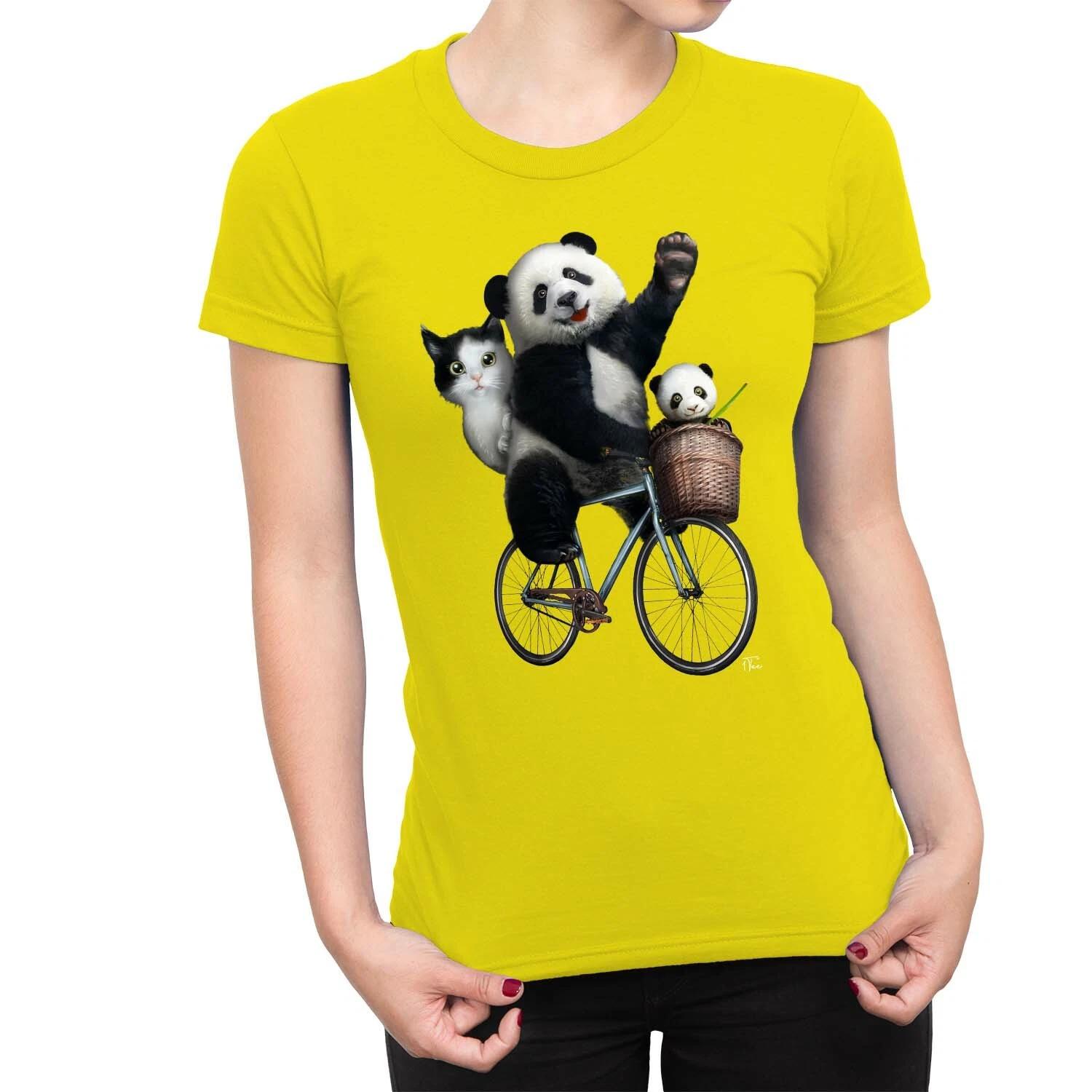 1Tee Womens Pandas and Cat Riding Bicycle T-Shirt S