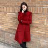 Women's Mid-Length Red Woolen Coat with Doll Collar for Autumn/Winter 2025