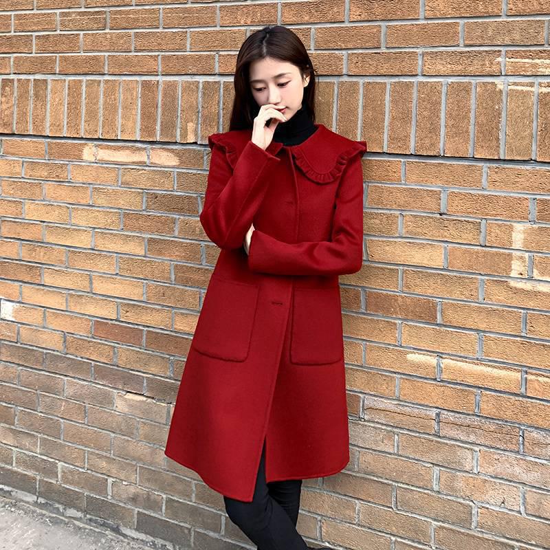Women's Mid-Length Red Woolen Coat with Doll Collar for Autumn/Winter 2025
