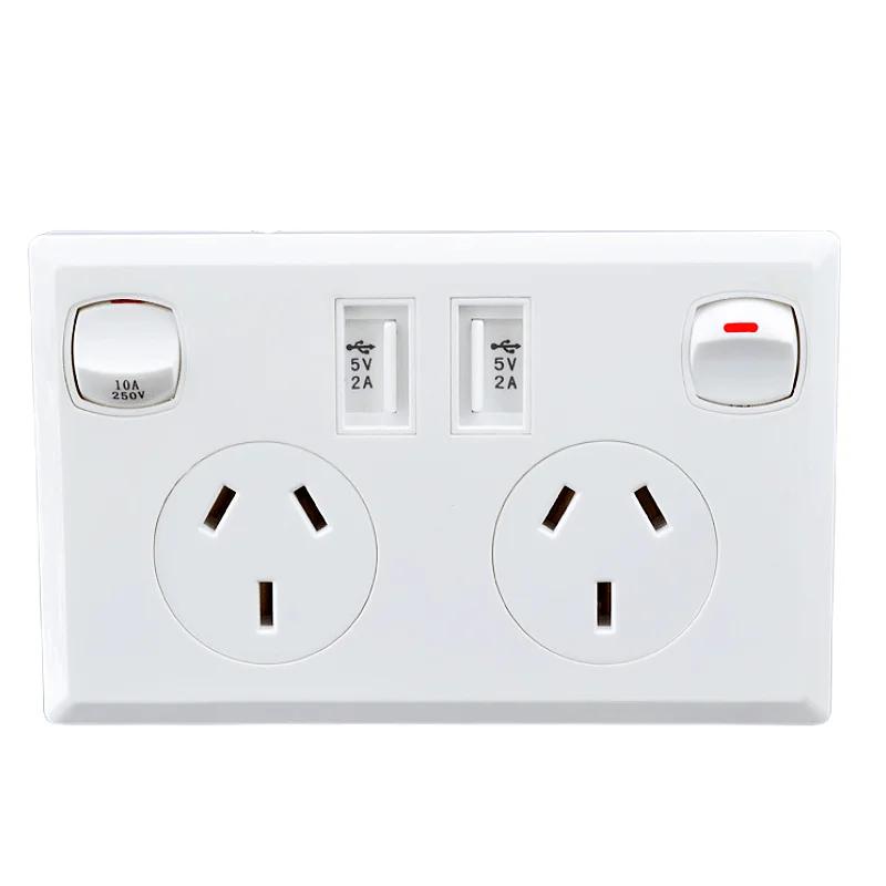 Australian Standard Usb Wall Dual Socket with 2gang Switch, Au Plug Adapter Mobile Phone Charging Power 10A Socket 118mm*72mm