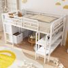 Children's bed 90x200 metal loft bed with storage, wide stairs, rounded corners, drawers and shelves for space-saving organization in the room, white