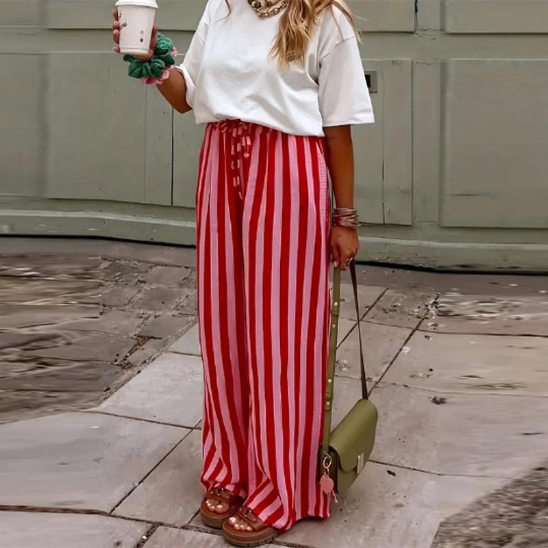 Casual Striped Pants Women Loose Elastic Waist Lace Up Wide Legs Straight Trousers Female Summer Chic Soft Pants Lady