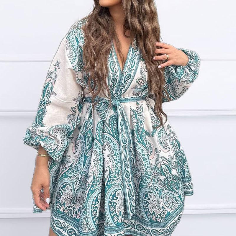 Damen Retro Nationalstil Laternenärmel V-Ausschnitt Print Kurzes Kleid