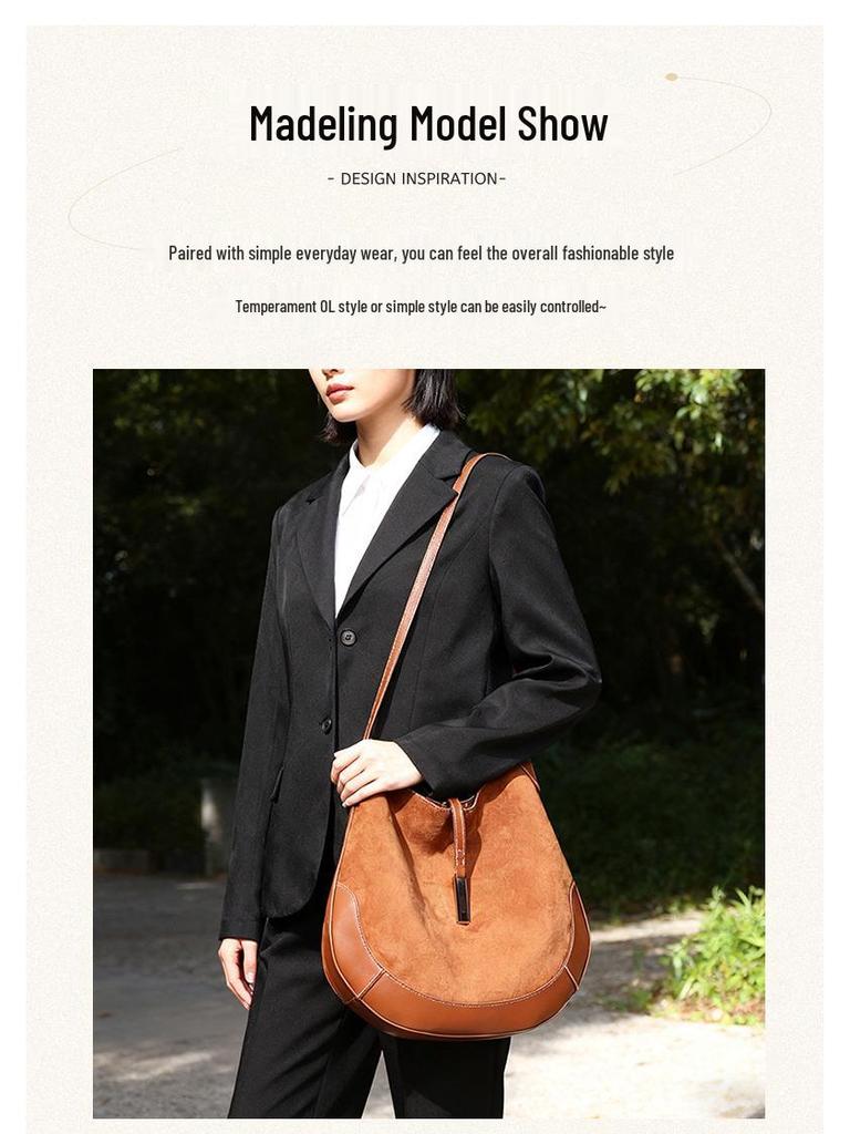 Geantă Tote Semilună Ecvestră Retro din Piele Suede - Geantă de Mână Trendy Tip Gogoașă pentru Subraț