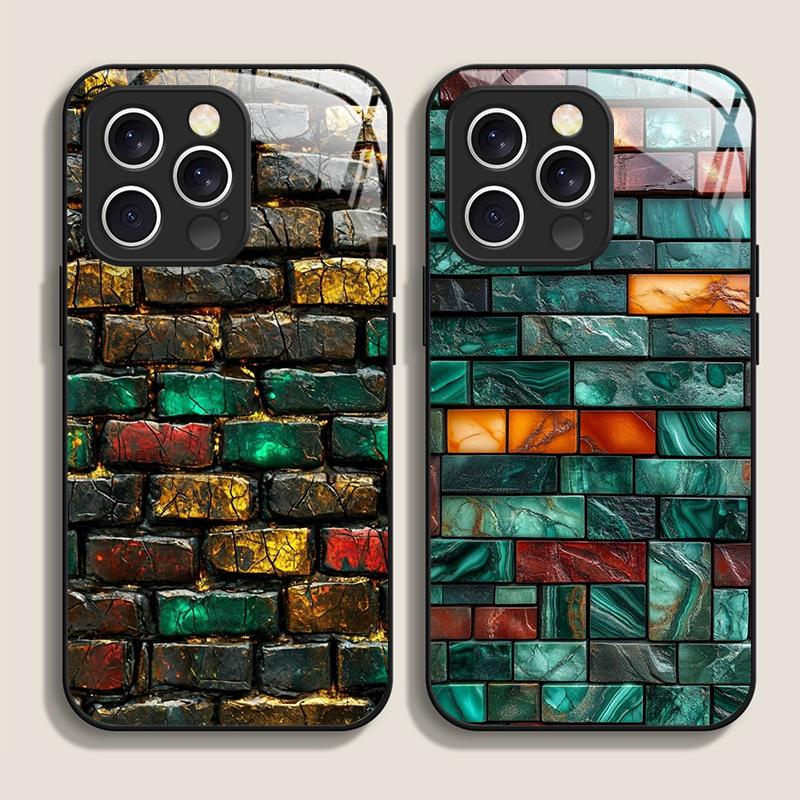 Creative Colorful Brick Texture Printed Tempered Glass Phone Case for IPhone 17 16 Pro Max 15 14 Plus 13 12 Mini 11 PROMAX Cover